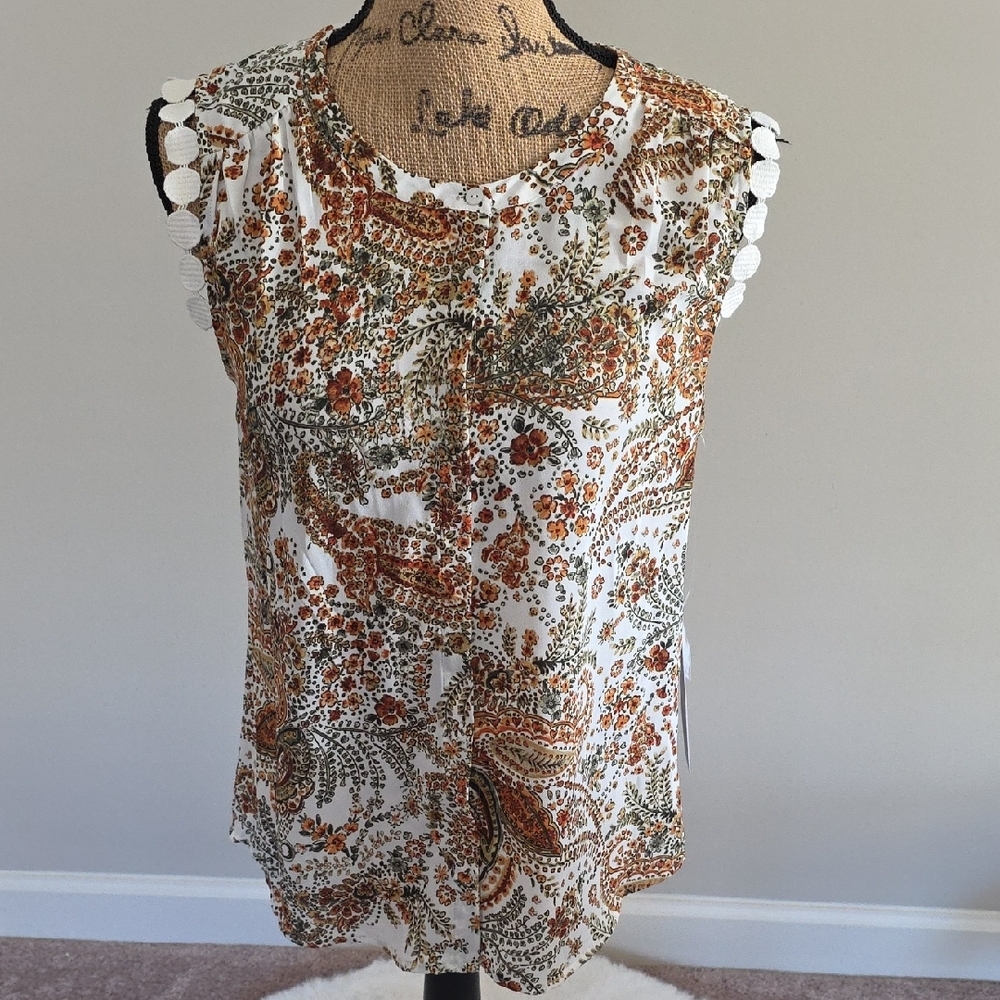 Boho Floral Sleeveless Blouse - White and Brown